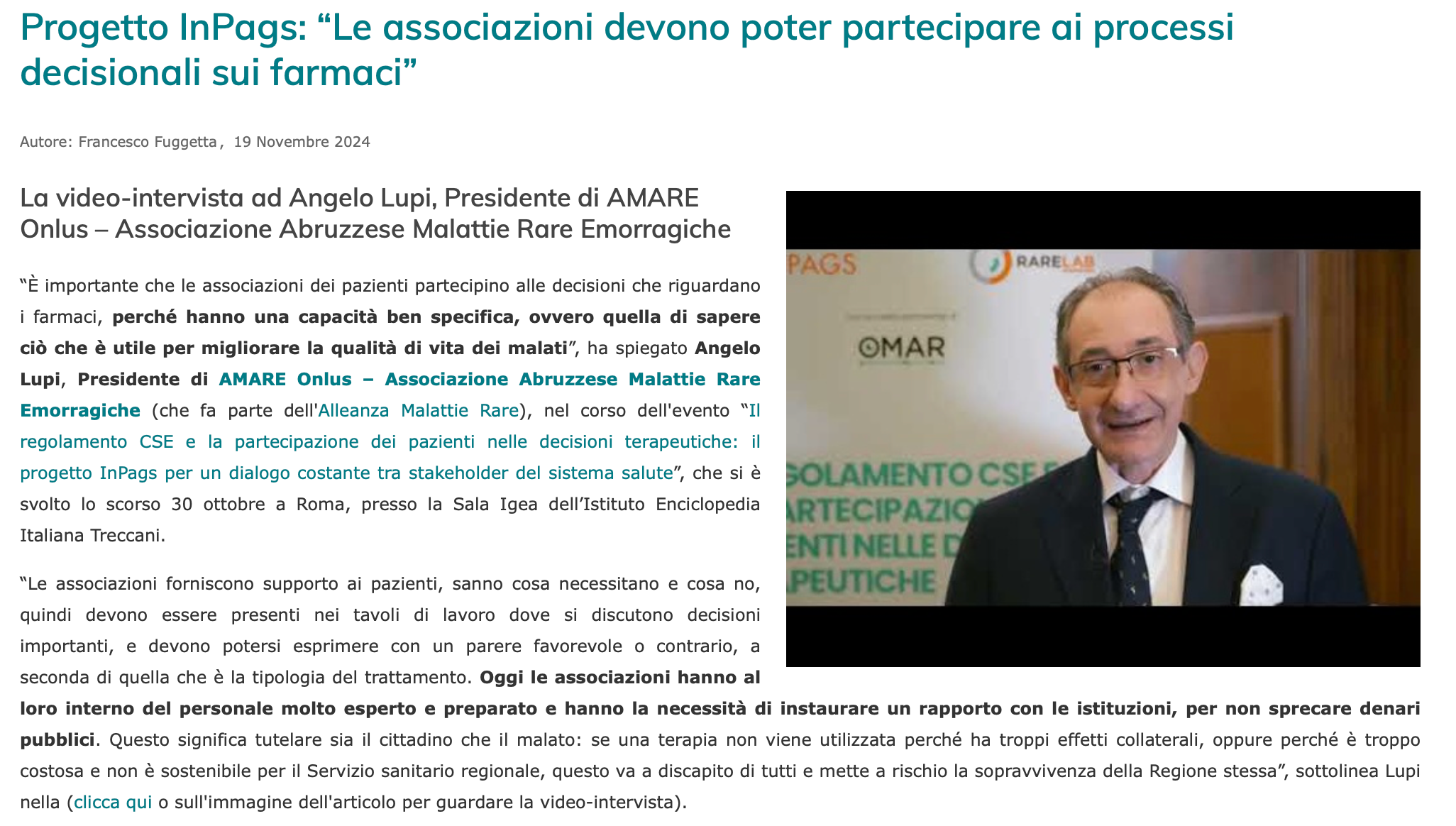 Progetto InPags: “Le associazioni devono poter partecipare ai processi decisionali sui farmaci”